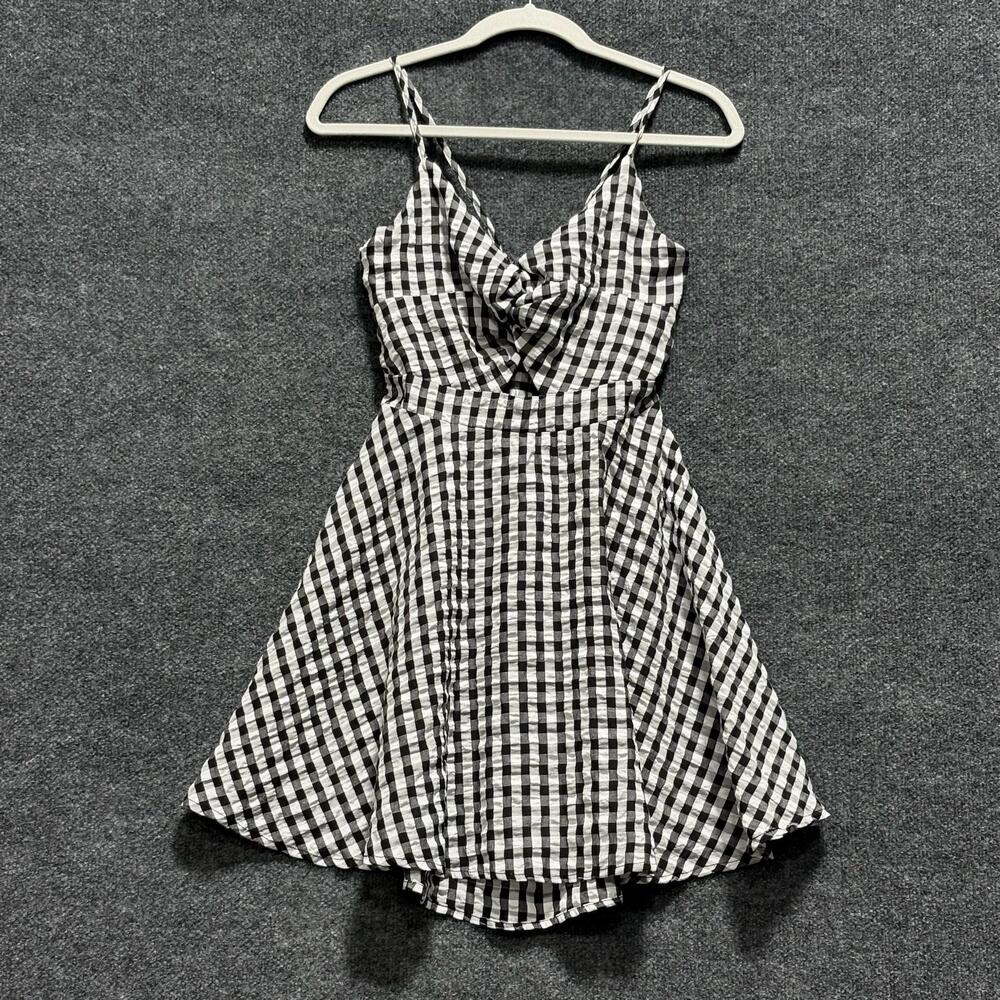 Gingham Dress Womens L Black White V Neck Strappy Cutout Bow Sundress Fit Flare